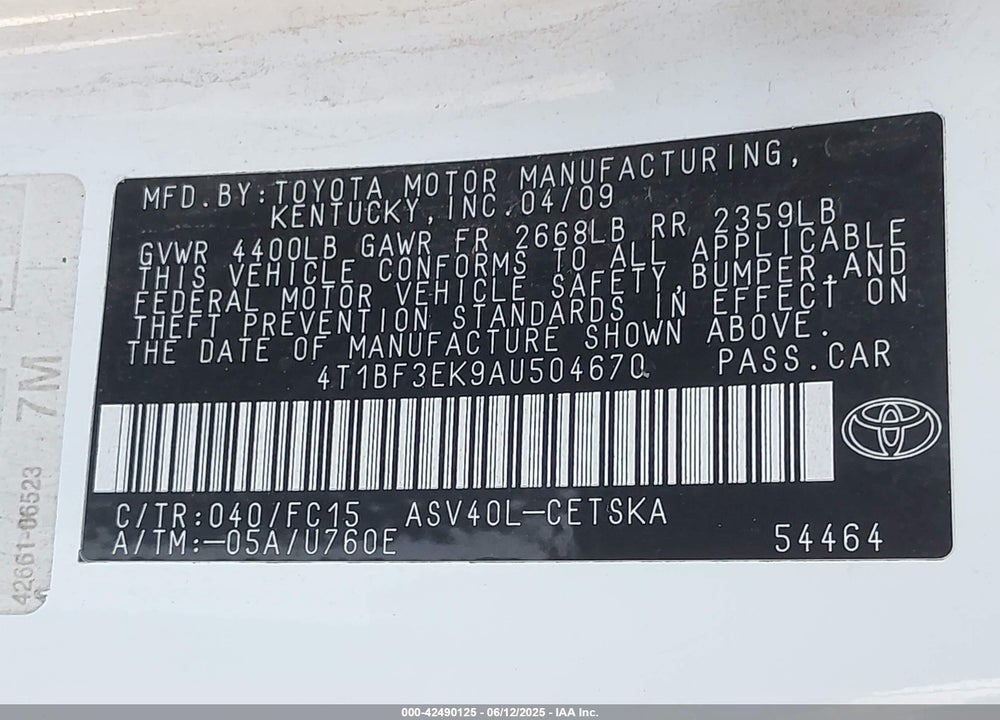 2010 TOYOTA CAMRY VIN: 4T1BF3EK9AU504670