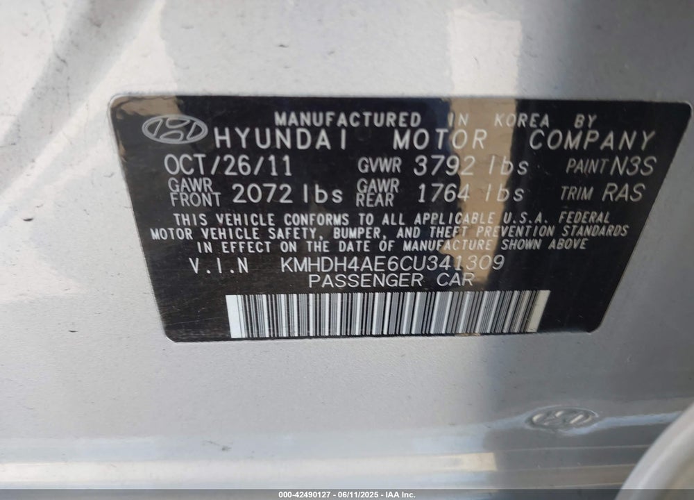 2012 HYUNDAI ELANTRA VIN: KMHDH4AE6CU341309