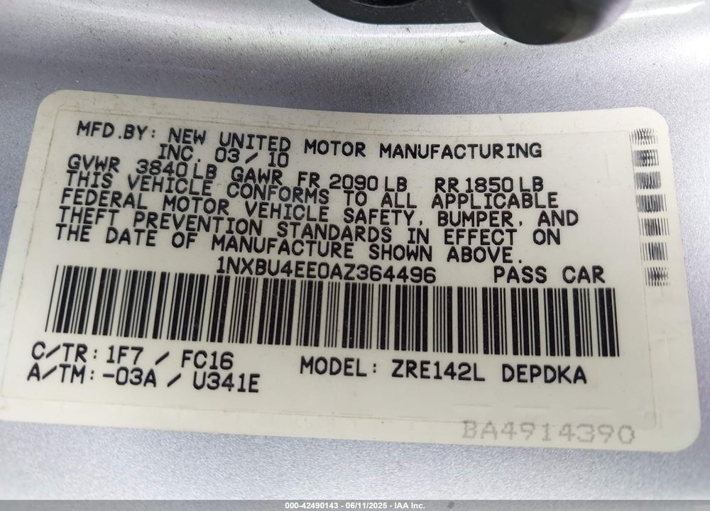 2010 TOYOTA COROLLA LE VIN: 1NXBU4EE0AZ364496