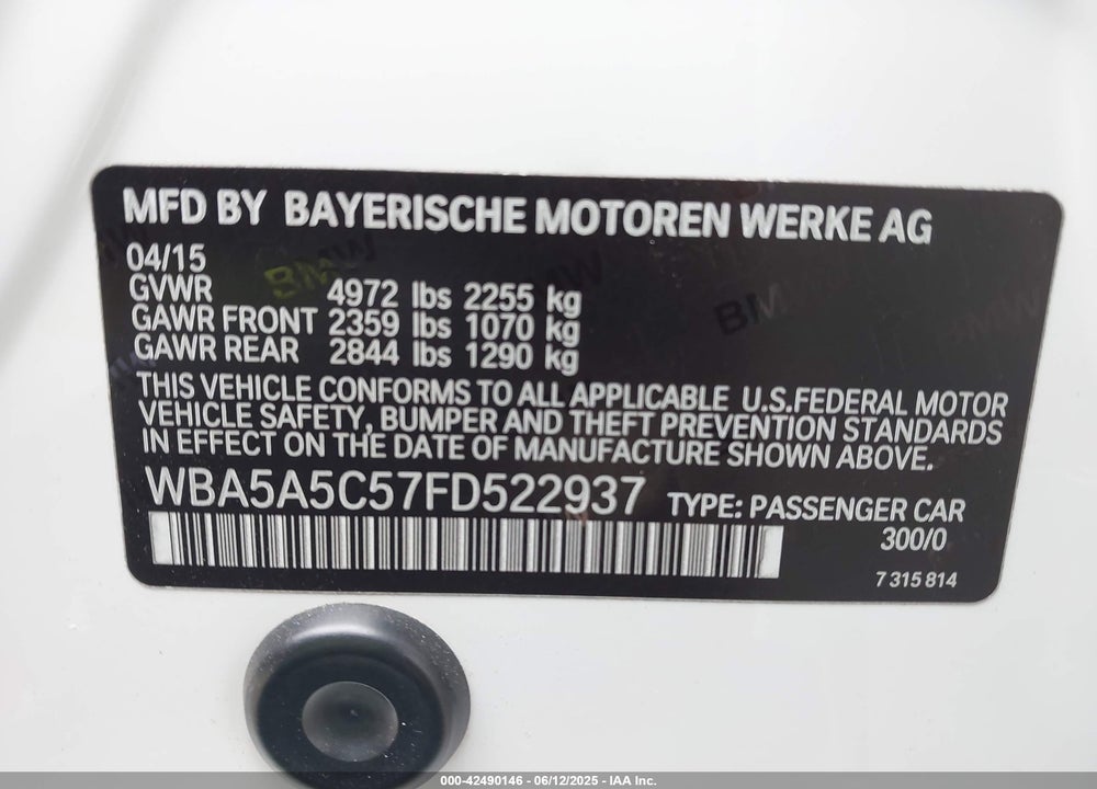 2015 BMW 528I VIN: WBA5A5C57FD522937