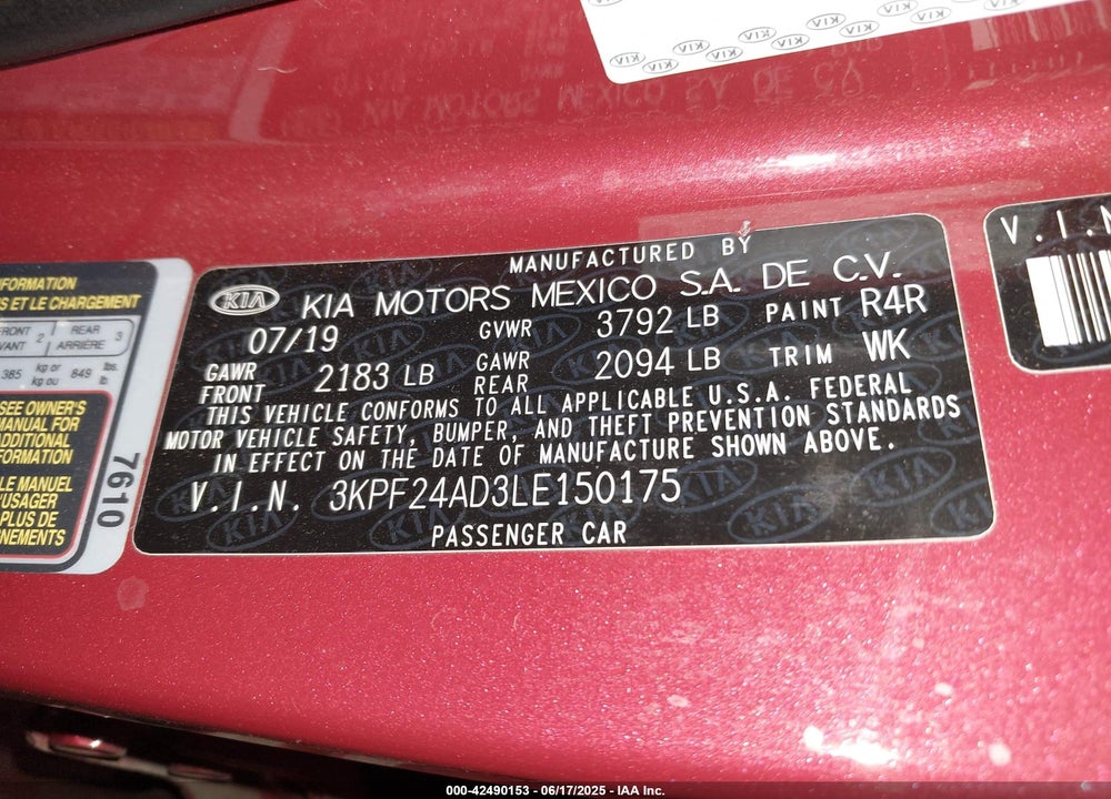 2020 KIA FORTE VIN: 3KPF24AD3LE150175