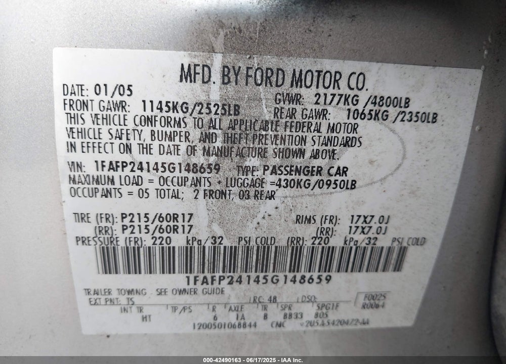 2005 FORD FIVE HUNDRED SEL VIN: 1FAFP24145G148659