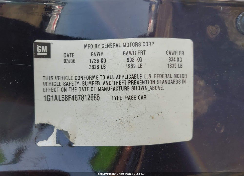 2008 CHEVROLET COBALT VIN: 1G1AL58F387153551
