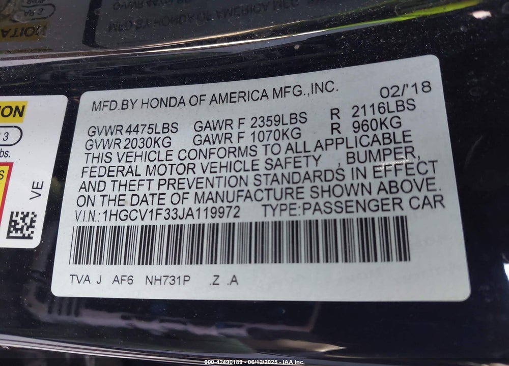2018 HONDA ACCORD SPORT VIN: 1HGCV1F33JA119972