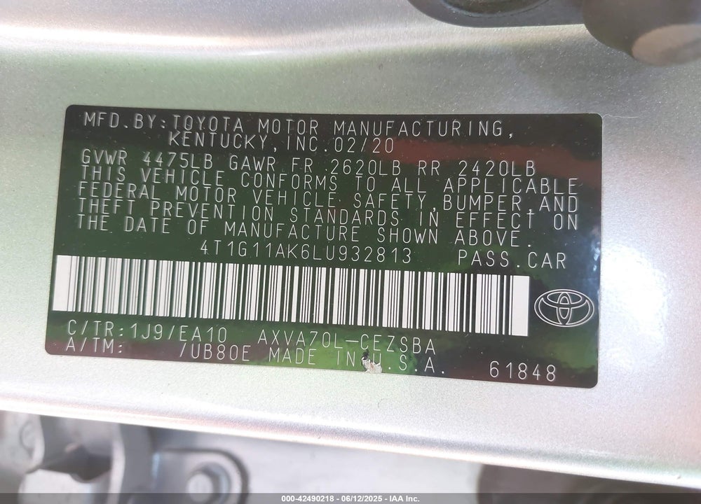 2020 TOYOTA CAMRY VIN: 4T1G11AK6LU932813