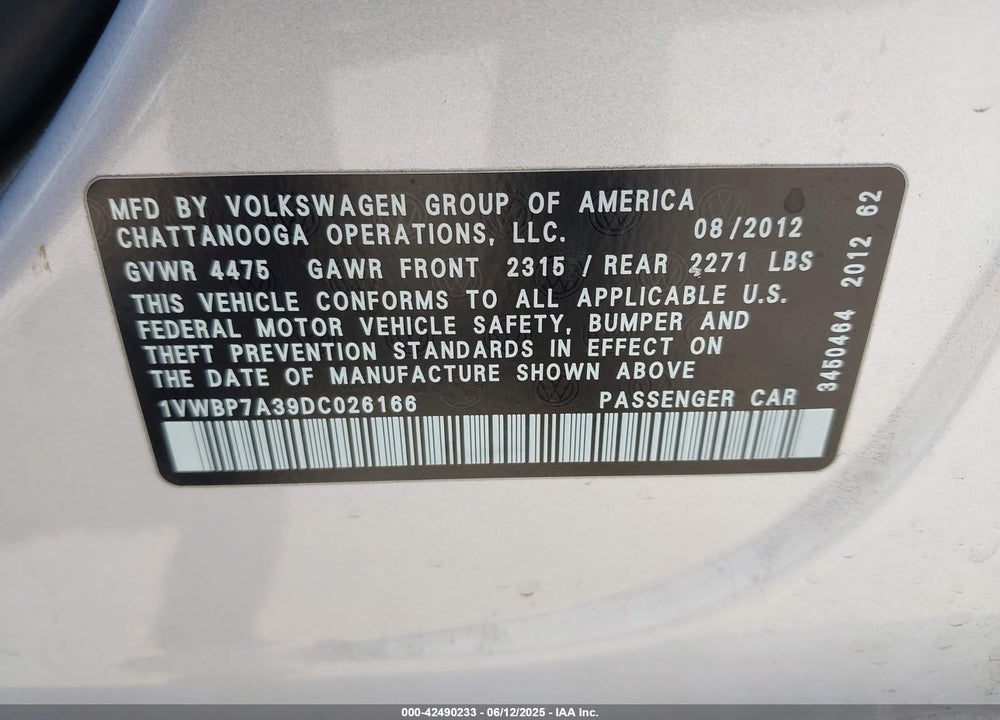 2013 VOLKSWAGEN PASSAT VIN: 1VWBP7A39DC026166