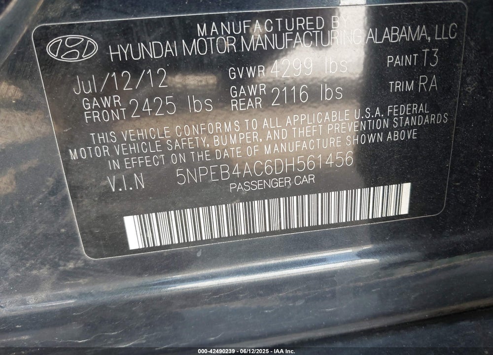 2013 HYUNDAI SONATA VIN: 5NPEB4AC6DH561456
