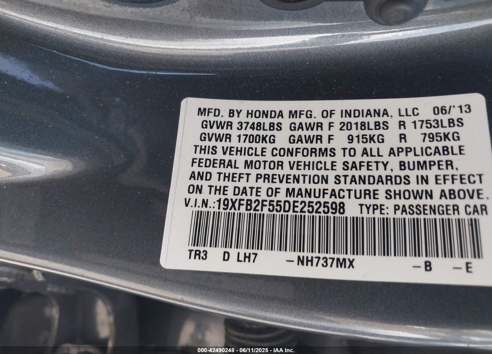 2013 HONDA CIVIC LX VIN: 19XFB2F55DE252598