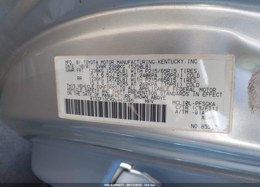 2002 TOYOTA SIENNA LE VIN: 4T3ZF13CX2U445345