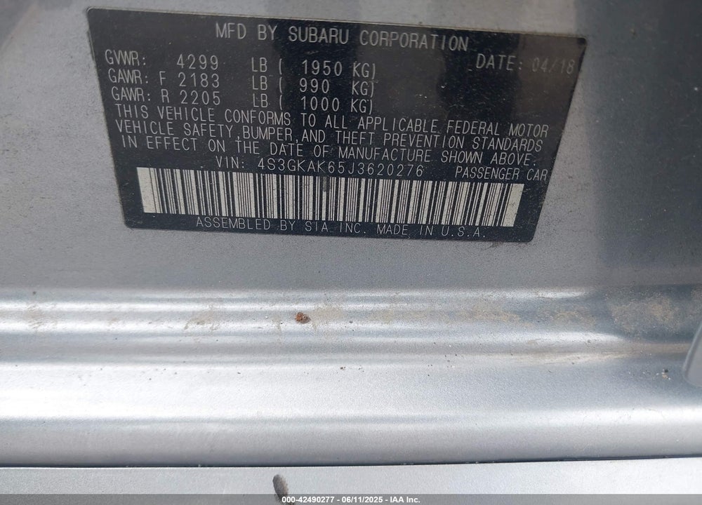 2018 SUBARU IMPREZA 2.0I SPORT VIN: 4S3GKAK65J3620276