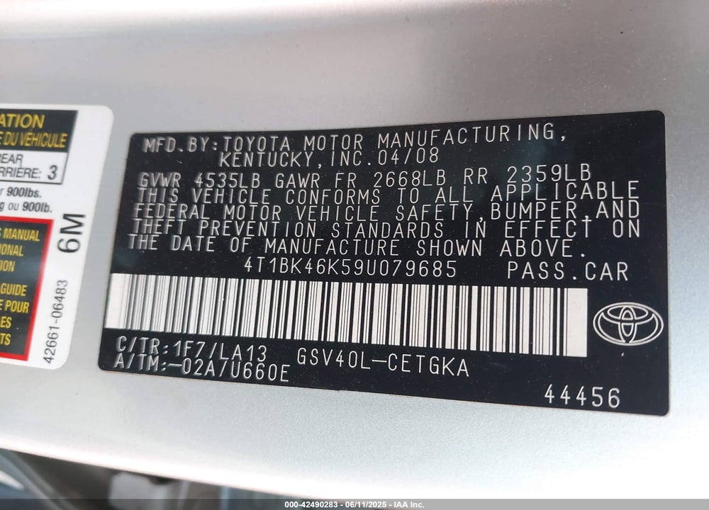 2009 TOYOTA CAMRY VIN: 4T1BK46K59U079685