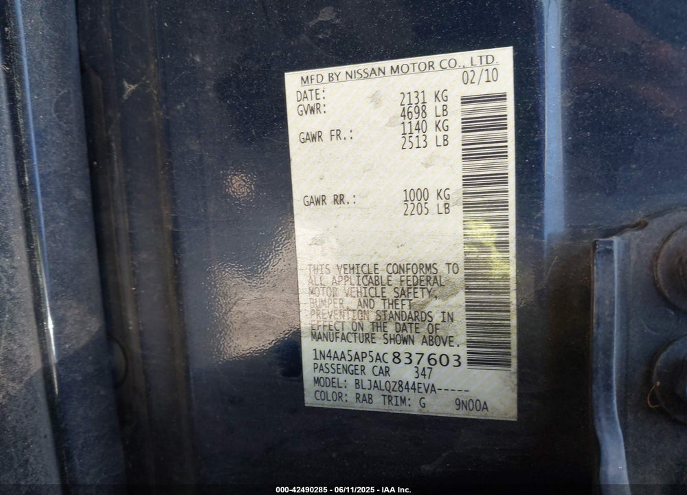2010 NISSAN MAXIMA VIN: 1N4AA5AP5AC837603