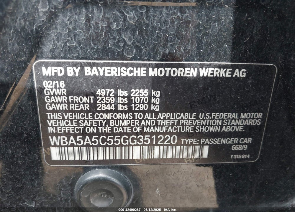 2016 BMW 528 VIN: WBA5A5C55GG351220