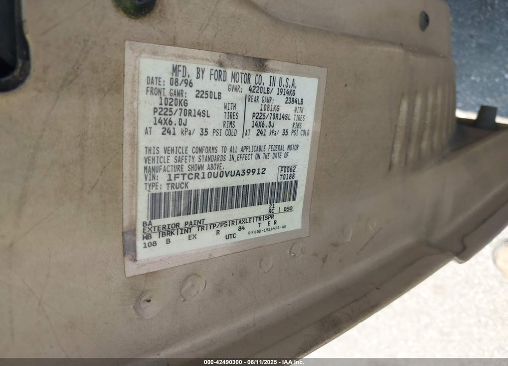 1997 FORD RANGER SPLASH/XL/XLT VIN: 1FTCR10U0VUA39912