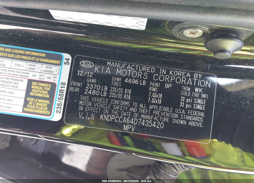 2013 KIA SPORTAGE VIN: KNDPCCA64D7435420
