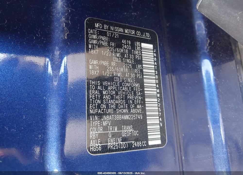 2021 NISSAN ROGUE SV INTELLIGENT AWD VIN: JN8AT3BB4MW225749
