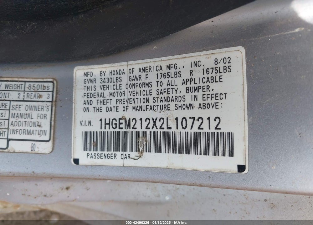 2002 HONDA CIVIC DX VIN: 1HGEM212X2L107212