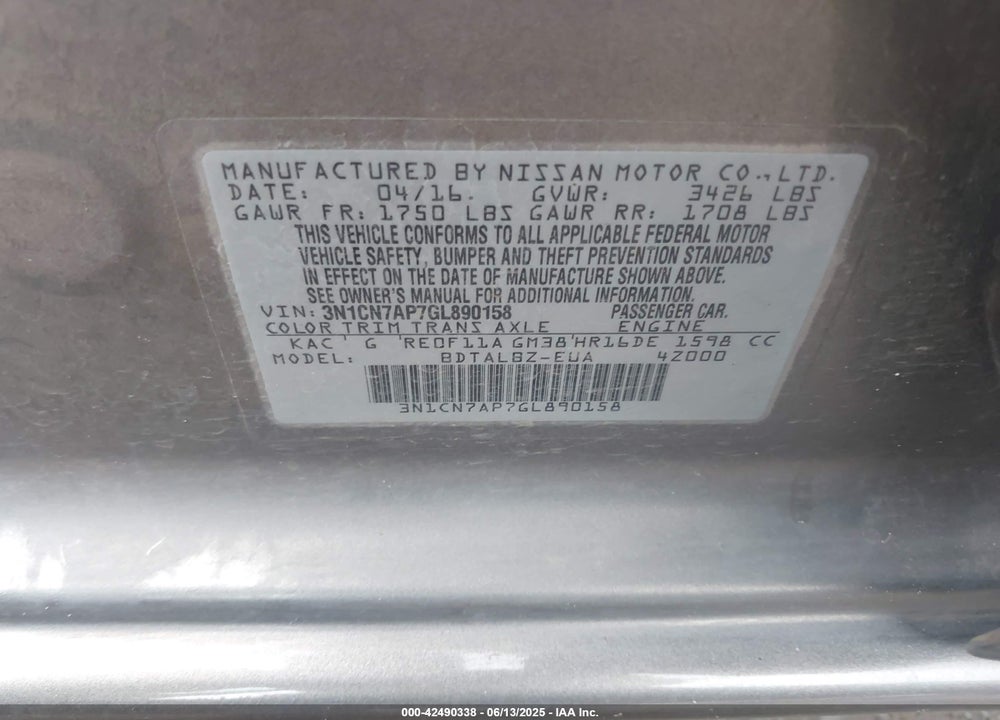 2016 NISSAN VERSA VIN: 3N1CN7AP7GL890158