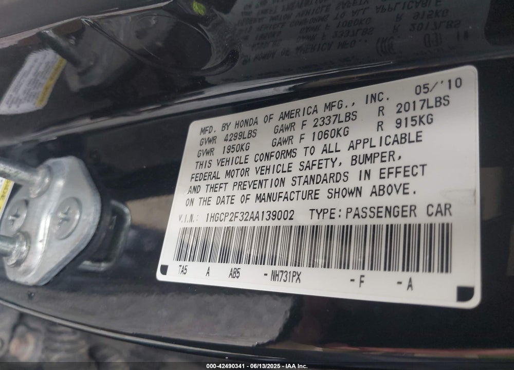 2010 HONDA ACCORD VIN: 1HGCP2F32AA139002