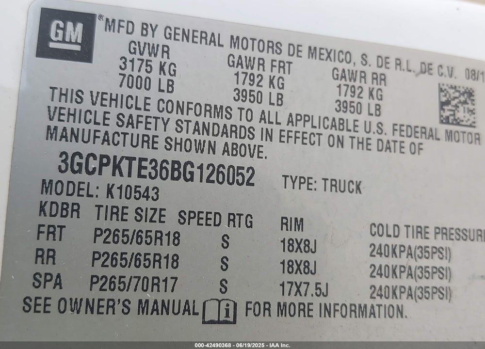 2011 CHEVROLET SILVERADO 1500 LTZ VIN: 3GCPKTE36BG126052