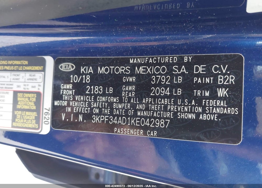 2019 KIA FORTE VIN: 3KPF34AD1KE042987