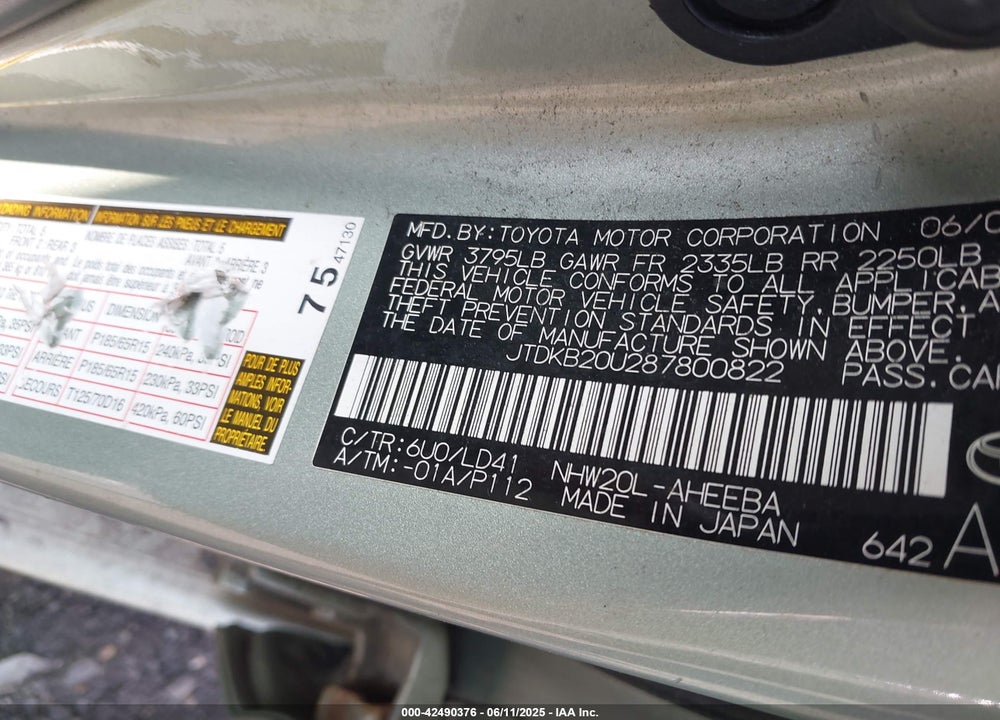 2008 TOYOTA PRIUS VIN: JTDKB20U287800822