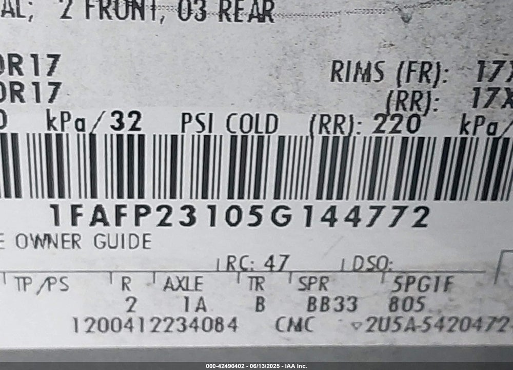 2005 FORD FIVE HUNDRED VIN: 1FAFP23105G144772
