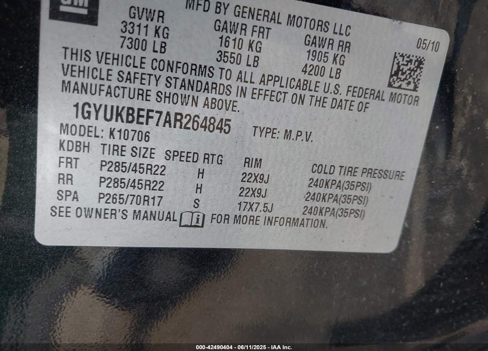 2010 CADILLAC ESCALADE VIN: 1GYUKBEF7AR264845
