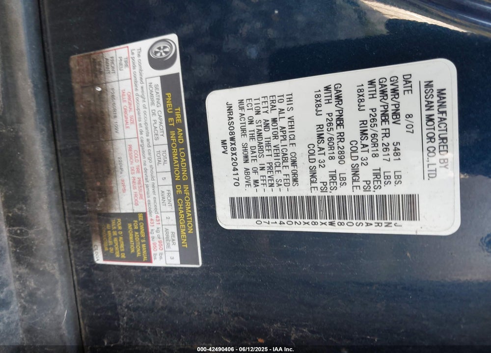 2008 INFINITI FX35 VIN: JNRAS08WX8X204170