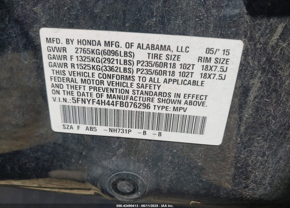 2015 HONDA PILOT VIN: 5FNYF4H44FB076296
