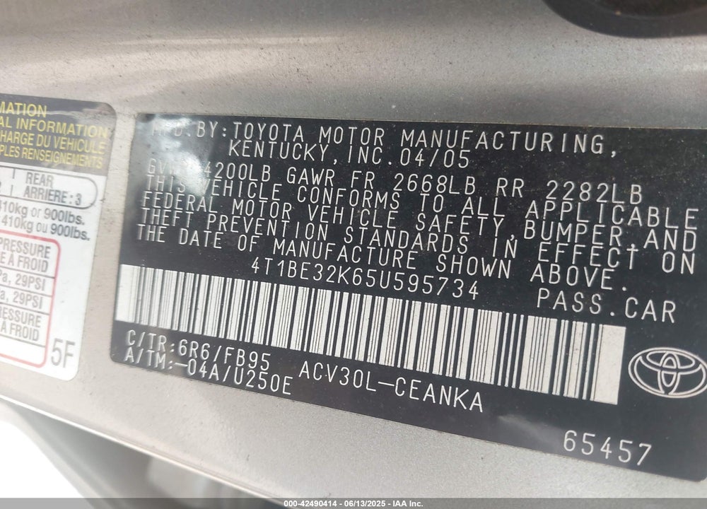 2005 TOYOTA CAMRY LE VIN: 4T1BE32K65U595734