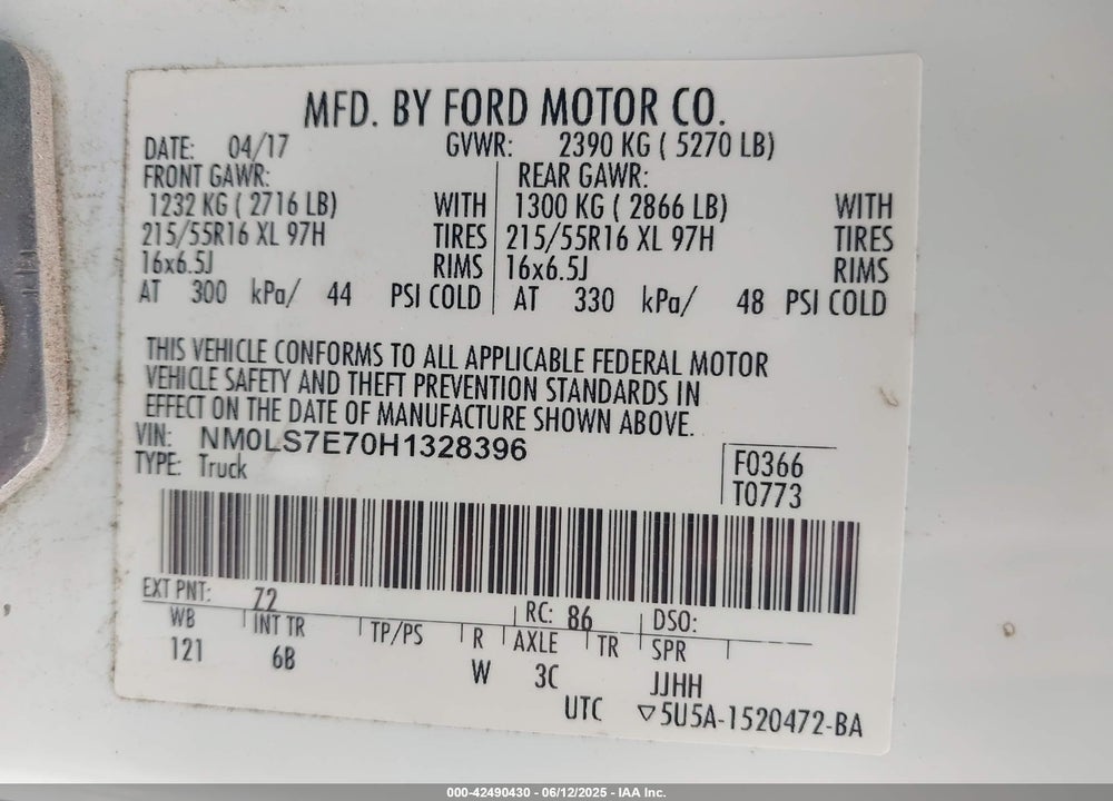 2017 FORD TRANSIT CONNECT XL VIN: NM0LS7E70H1328396