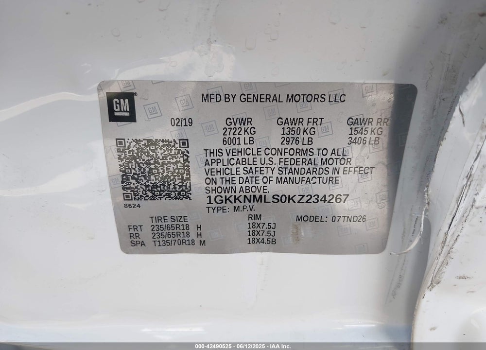 2019 GMC ACADIA VIN: 1GKKNMLS0KZ234267