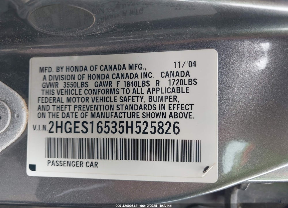 2005 HONDA CIVIC LX VIN: 2HGES16535H525826