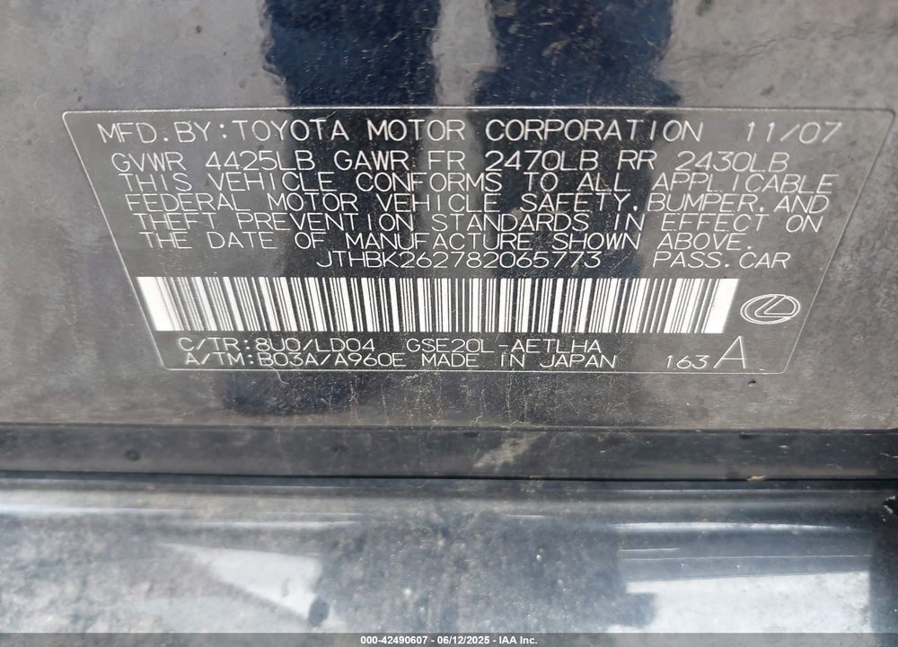 2008 LEXUS IS 250 VIN: JTHBK262782065773