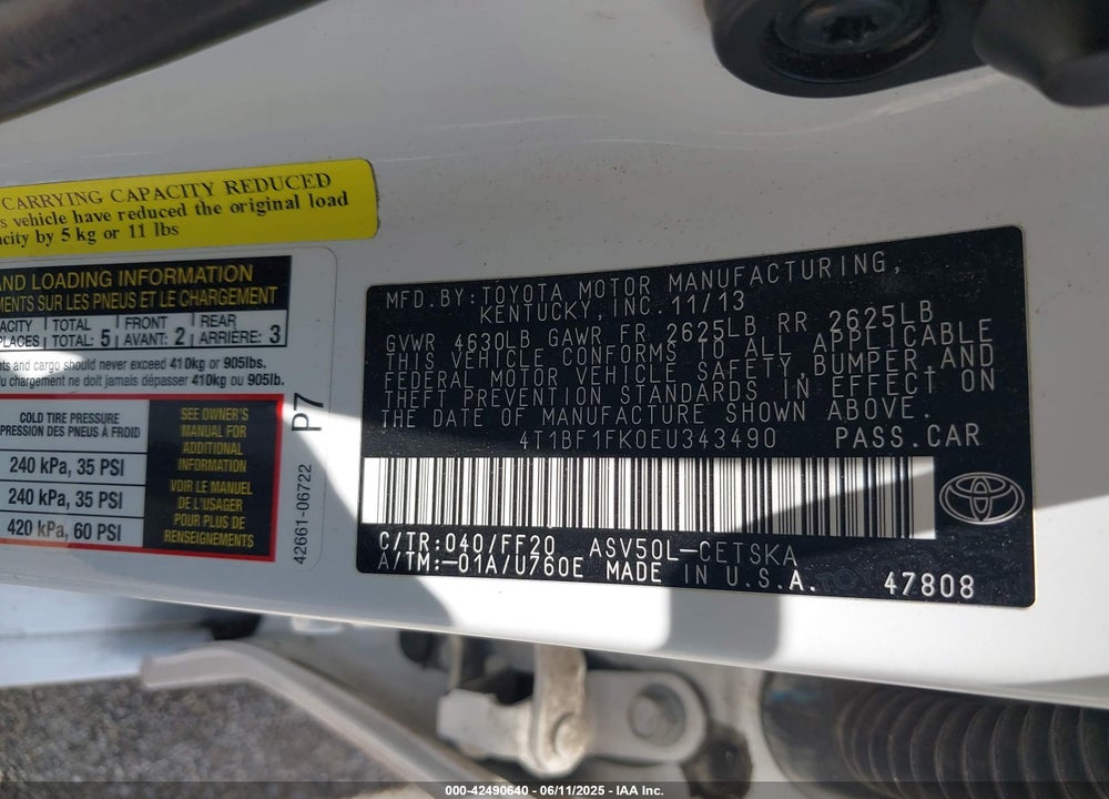 2014 TOYOTA CAMRY SE VIN: 4T1BF1FK0EU343490