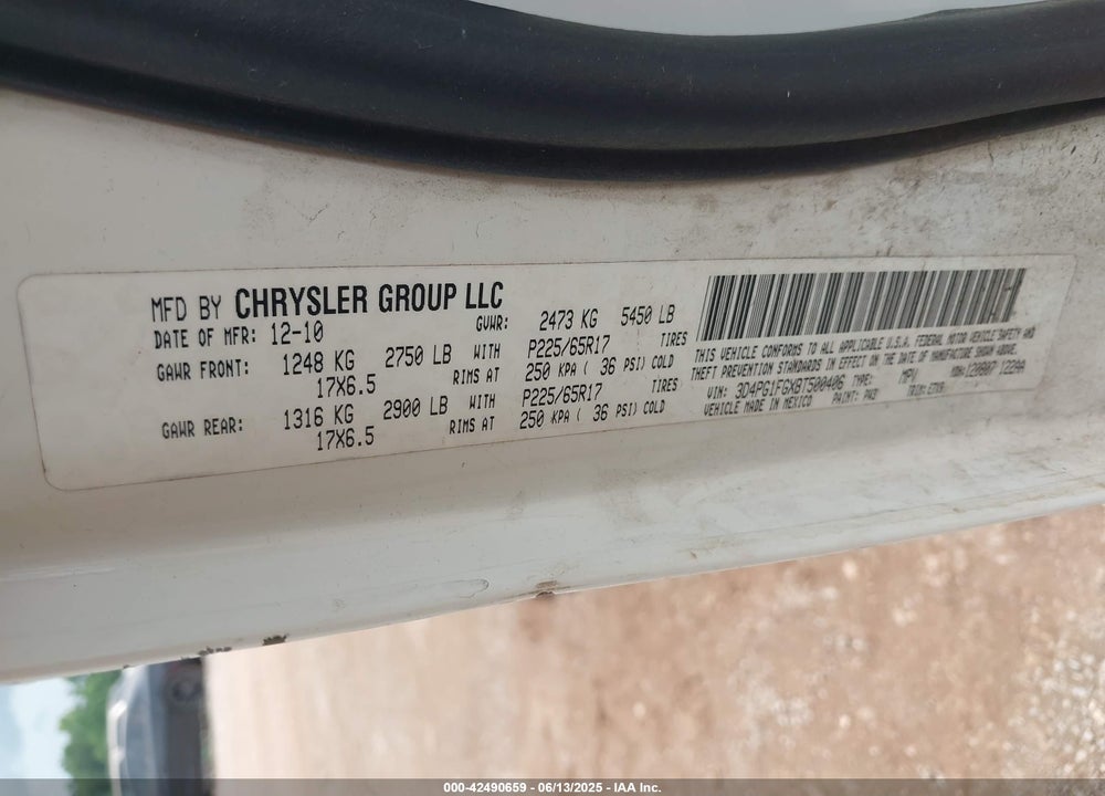 2011 DODGE JOURNEY MAINSTREET VIN: 3D4PG1FGXBT500406