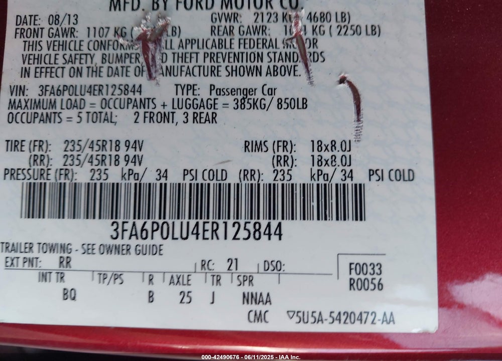 2014 FORD FUSION HYBRID VIN: 3FA6P0LU4ER125844