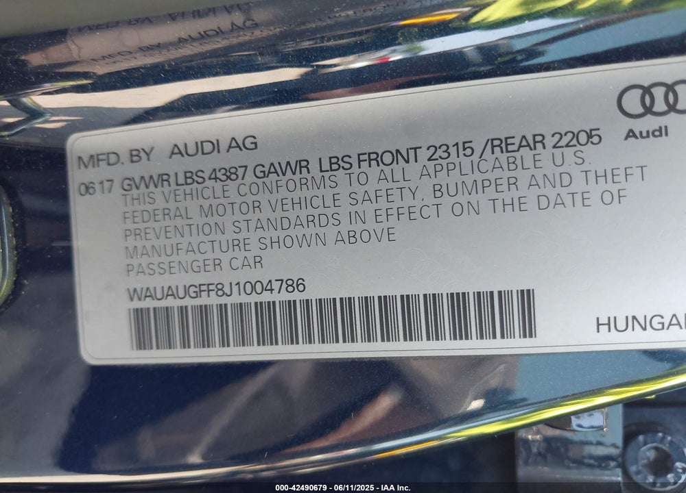 2018 AUDI A3 VIN: WAUAUGFF8J1004786