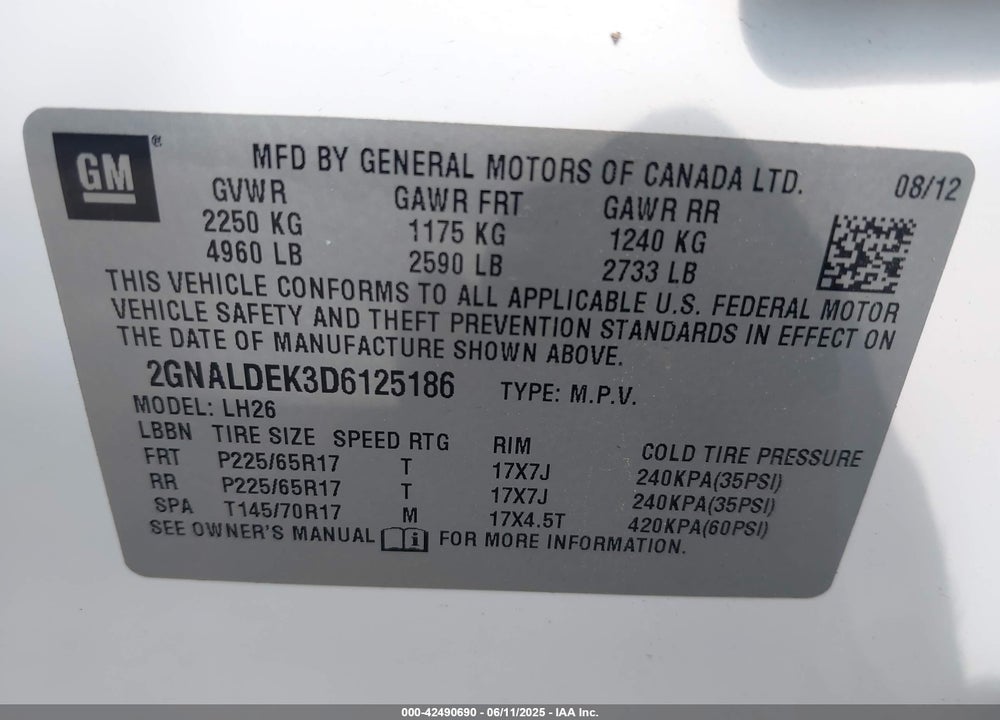 2013 CHEVROLET EQUINOX VIN: 2GNALDEK3D6125186
