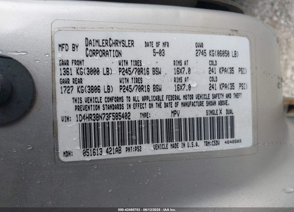 2003 DODGE DURANGO SPORT/SXT VIN: 1D4HR38N73F585402