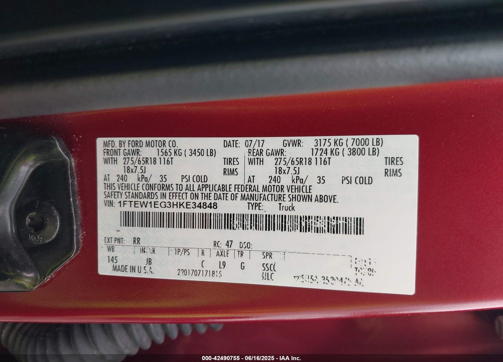 2017 FORD F-150 VIN: 1FTEW1EG3HKE34848
