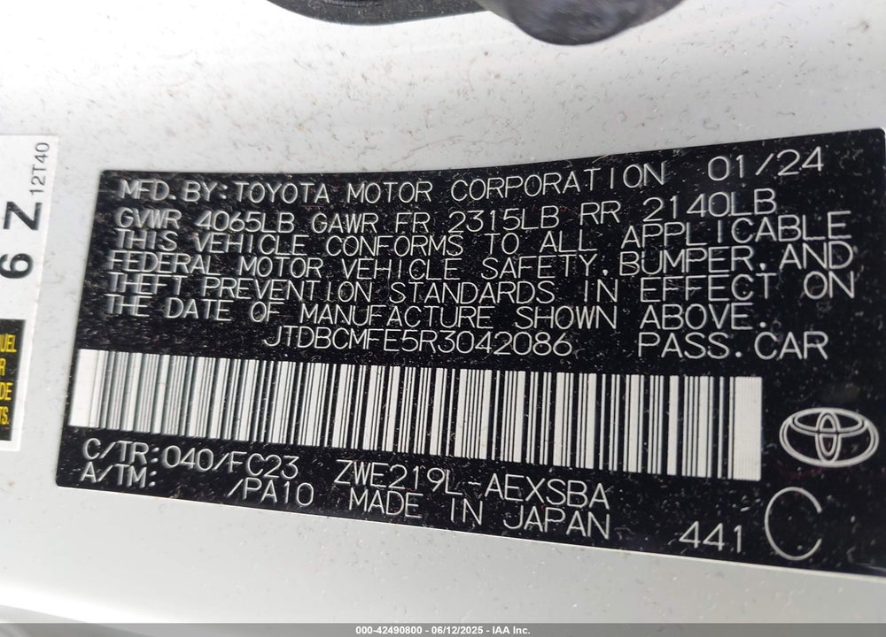2024 TOYOTA COROLLA HYBRID SE VIN: JTDBCMFE5R3042086