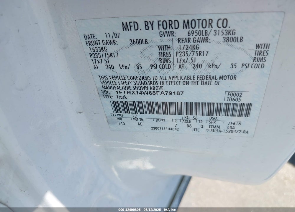 2008 FORD F-150 STX/XL/XLT VIN: 1FTRX14W68FA79187