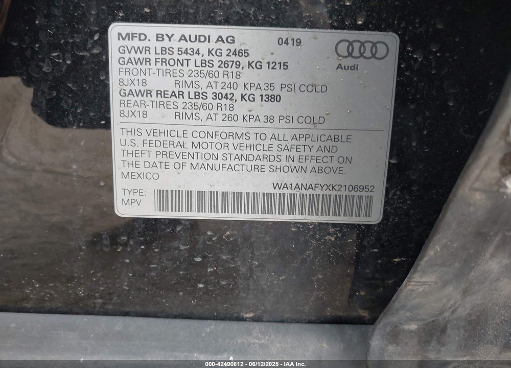 2019 AUDI Q5 VIN: WA1ANAFYXK2106952