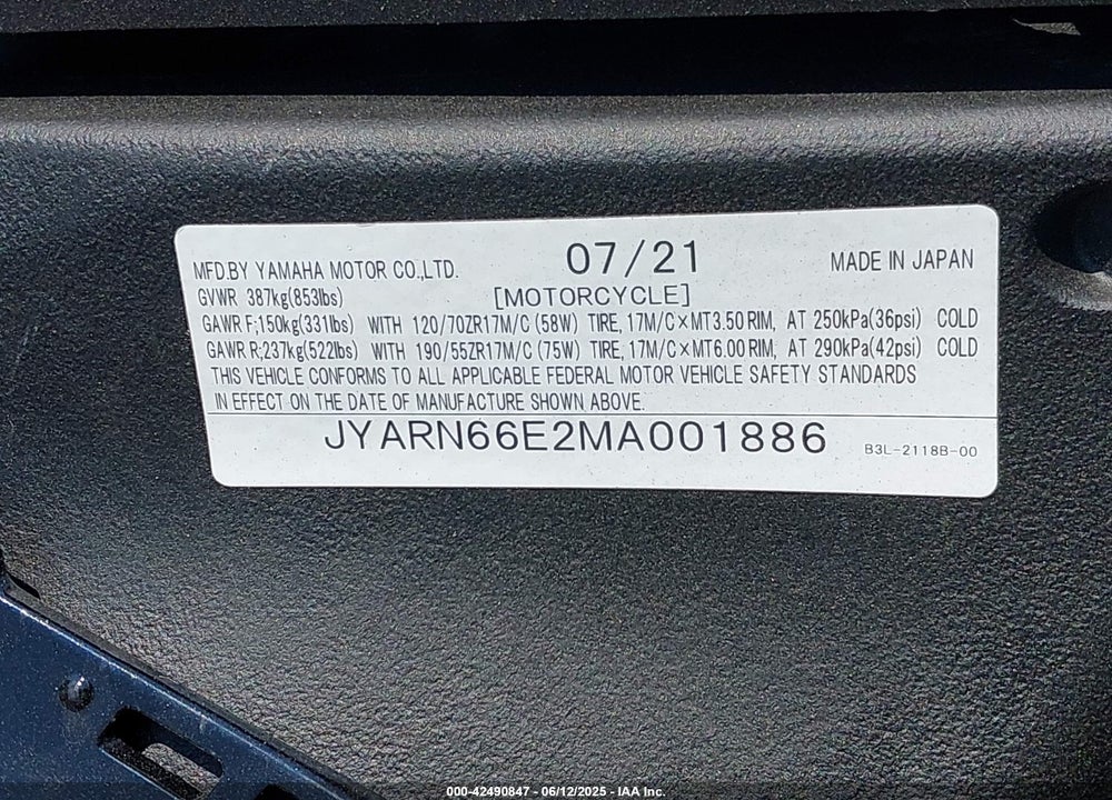 2021 YAMAHA YZFR1 VIN: JYARN66E2MA001886