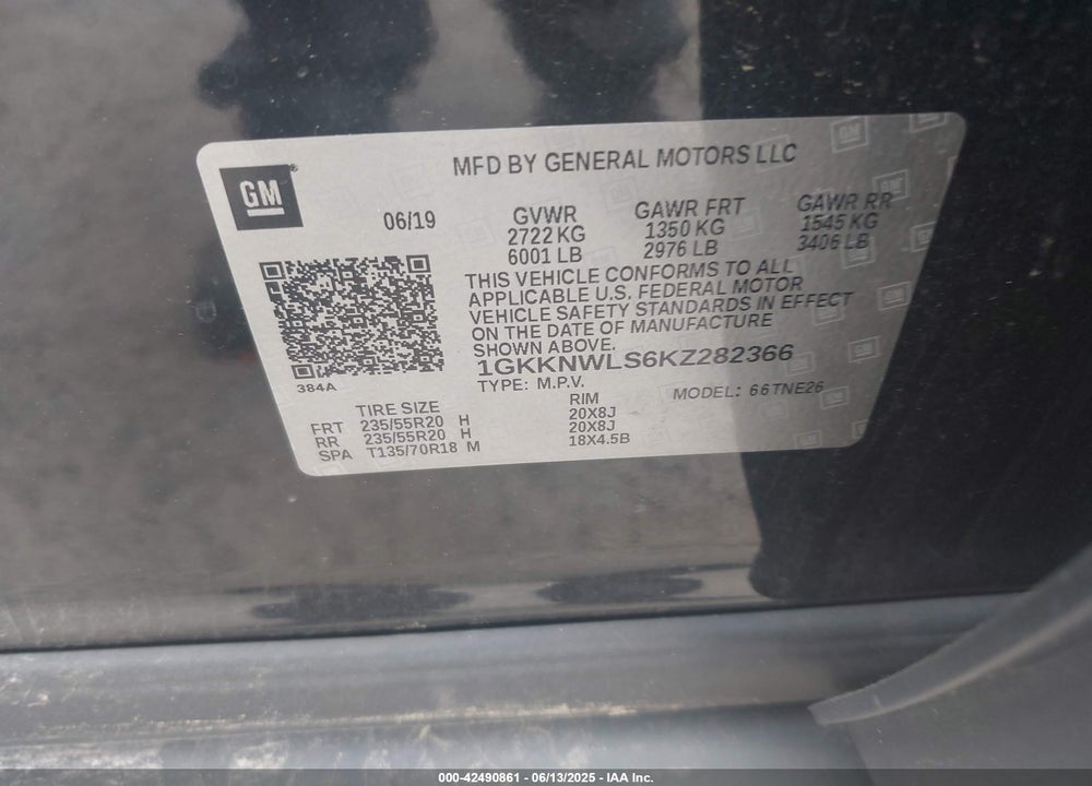 2019 GMC ACADIA VIN: 1GKKNWLS6KZ282366