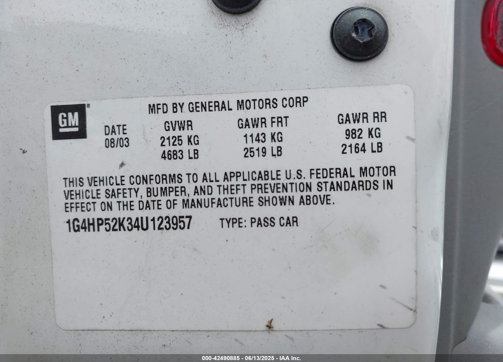 2004 BUICK LESABRE VIN: 1G4HP52K34U123957