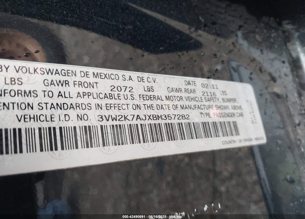 2011 VOLKSWAGEN JETTA VIN: 3VW2K7AJXBM357282