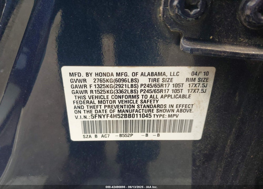 2011 HONDA PILOT VIN: 5FNYF4H52BB011045